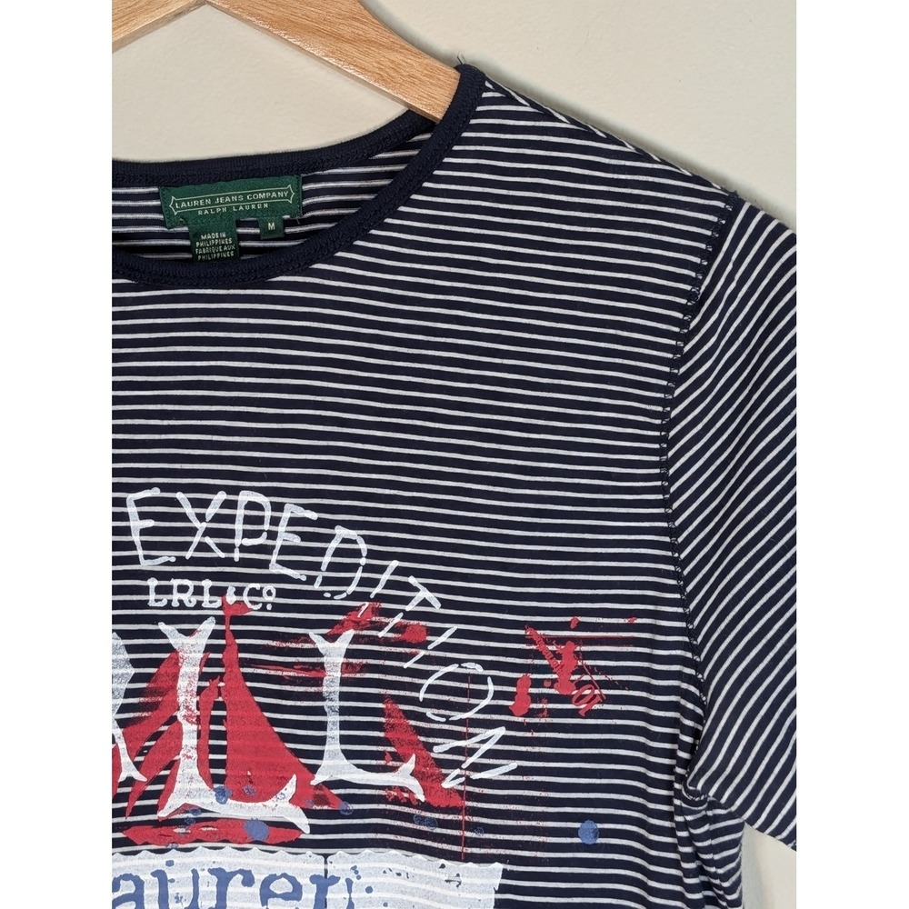 VTG Lauren Ralph Lauren Navy White Striped Marine Expedition Graphic T-Shirt Med